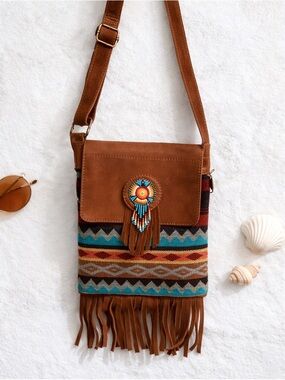 Boho Fringe Crossbody Bag in Brown with Colorful Aztec Detail
